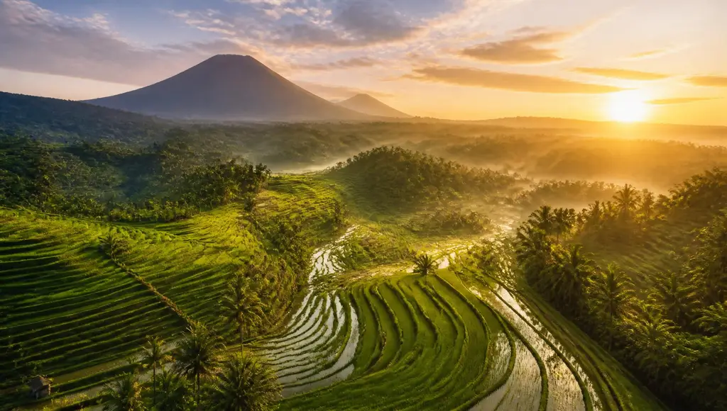 Rýžové terasy na Bali při východu slunce s výhledem na vulkán